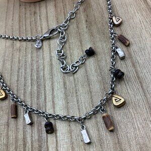 Chico's Wood Gold Silver Tone Dangle Charms Boho Chain Necklace